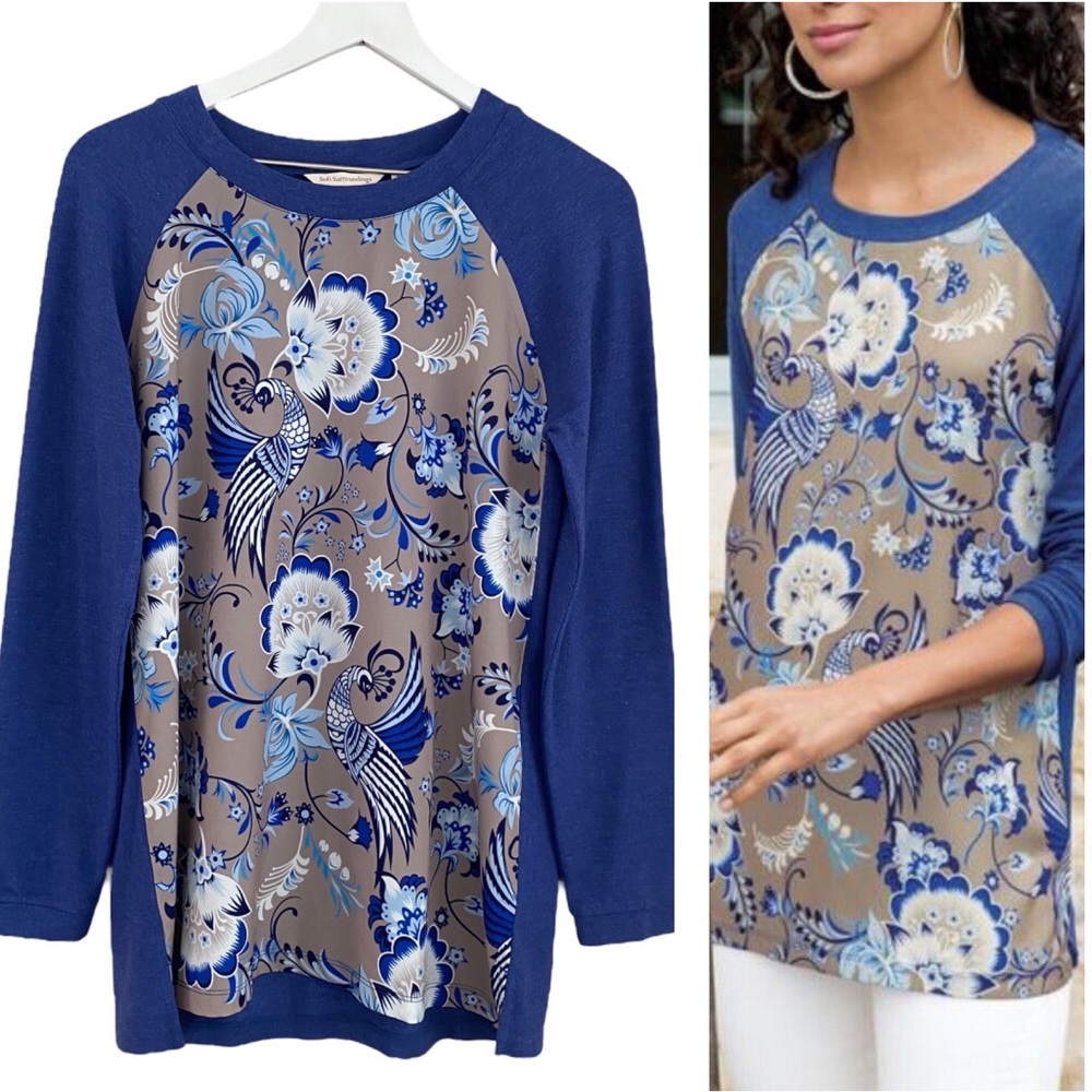 Soft Surroundings Peacock &‎ Floral Super Soft Mixed Media Tunic Top Size Small